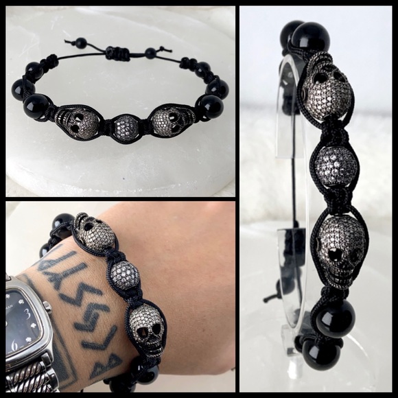 Men or women Rock chic black rodhium & cz skull onyx macrame bracelet - Picture 13 of 14